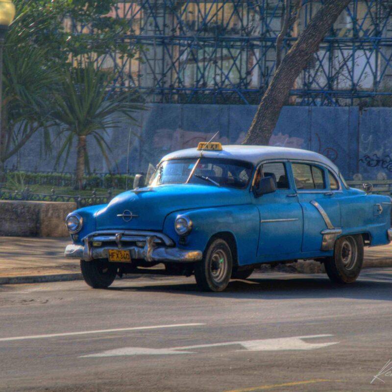 1953 Blue & White Oldsmobile Taxi in Havana | Vintage Cuba Car Photo