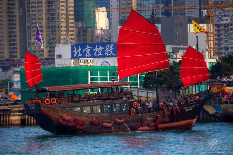 Wooden Tourist Boat with Red Sails | Hong Kong Harbour Photo