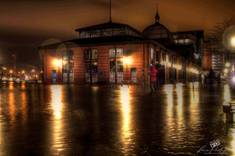 Flooded Hamburg Fish Market at Night | Nighttime Reflection Photo