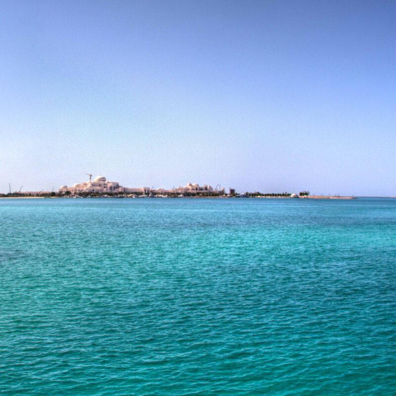 Abu Dhabi Corniche Lagoon with Emirates Palace and Qasr Al Watan | Waterfront Panorama Download