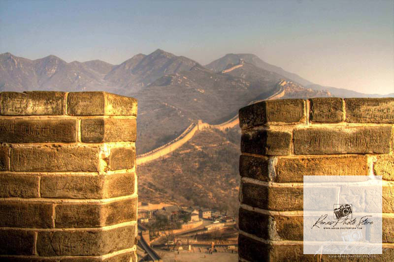 Great Wall at Badaling Through Watchtower Battlements | Mountain Ramparts Photo Download