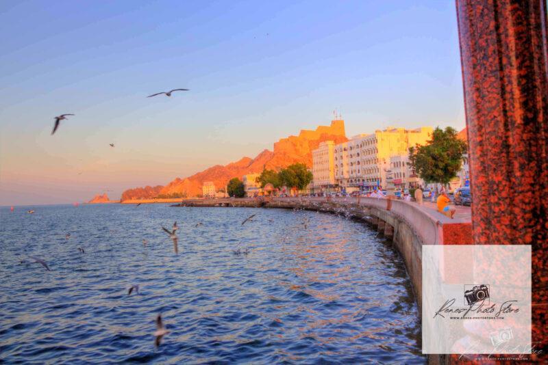 Muttrah Corniche and Fort in Muscat, Oman | Sunset Waterfront Photo Download