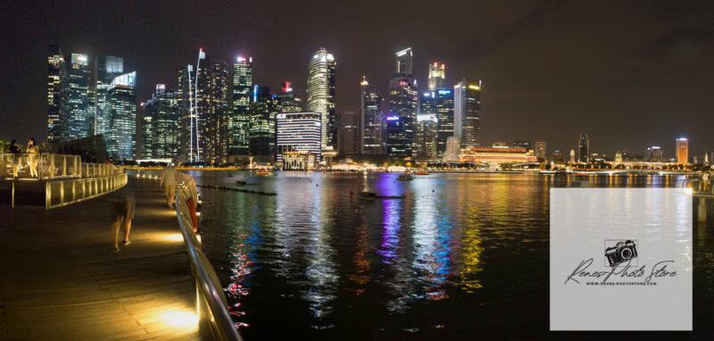 Singapore Marina Bay Skyline at Night | Waterfront Boardwalk Reflections Panorama