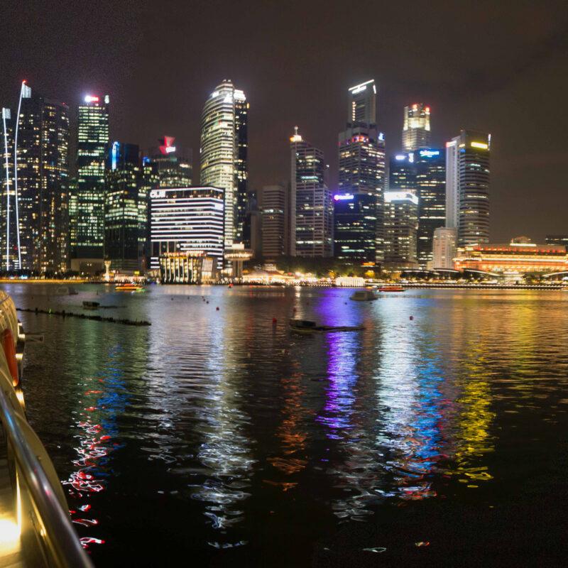 Singapore Marina Bay Skyline at Night | Waterfront Boardwalk Reflections Panorama