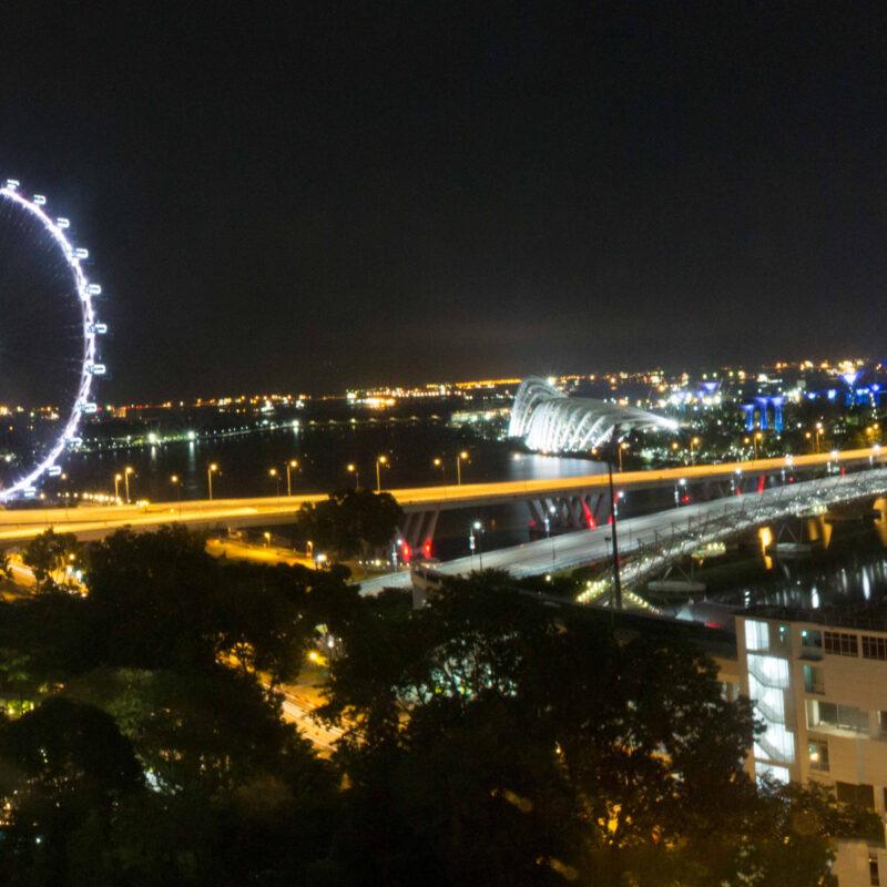 Singapore Skyline at Night | Marina Bay Sands, Flyer, and Helix Bridge Panorama