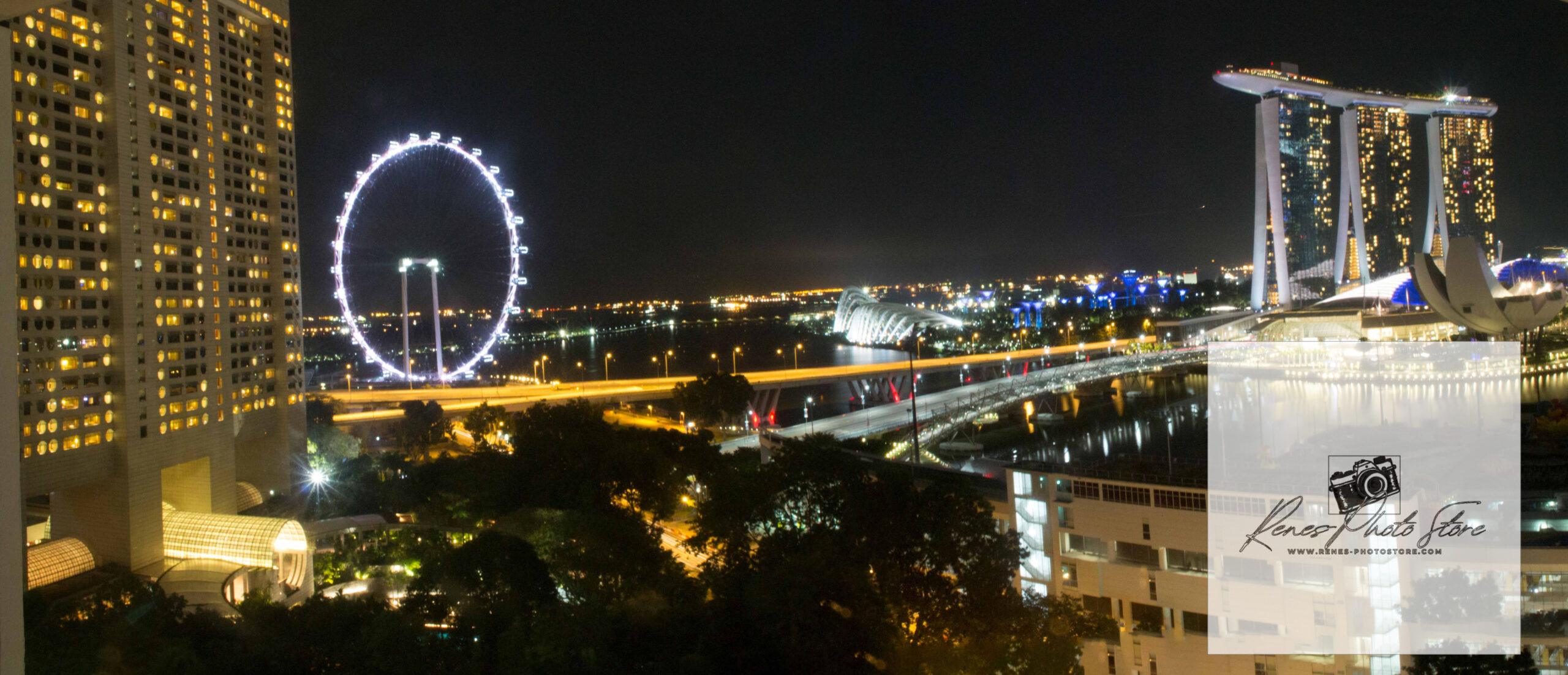 Singapore Skyline at Night | Marina Bay Sands, Flyer, and Helix Bridge Panorama