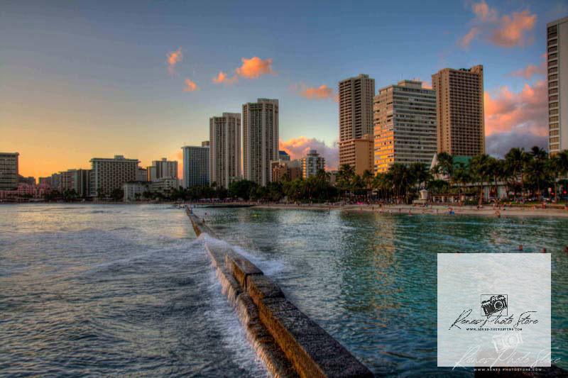 Waikiki Seawall at Sunset in Honolulu | City Beachscape Photo Download