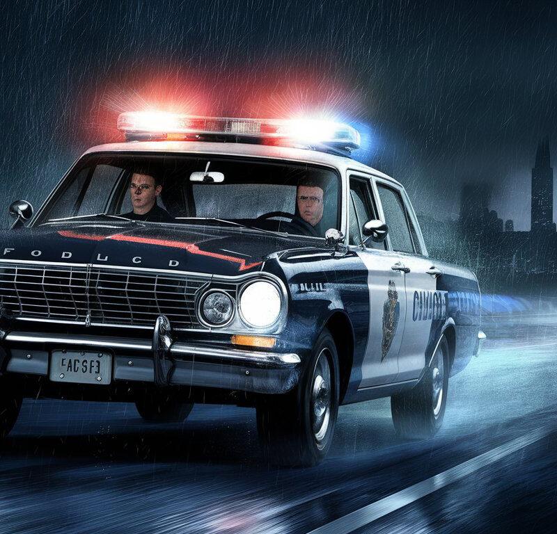 Chicago Police Car in Rainy City | Noir Crime Scene Photo Download