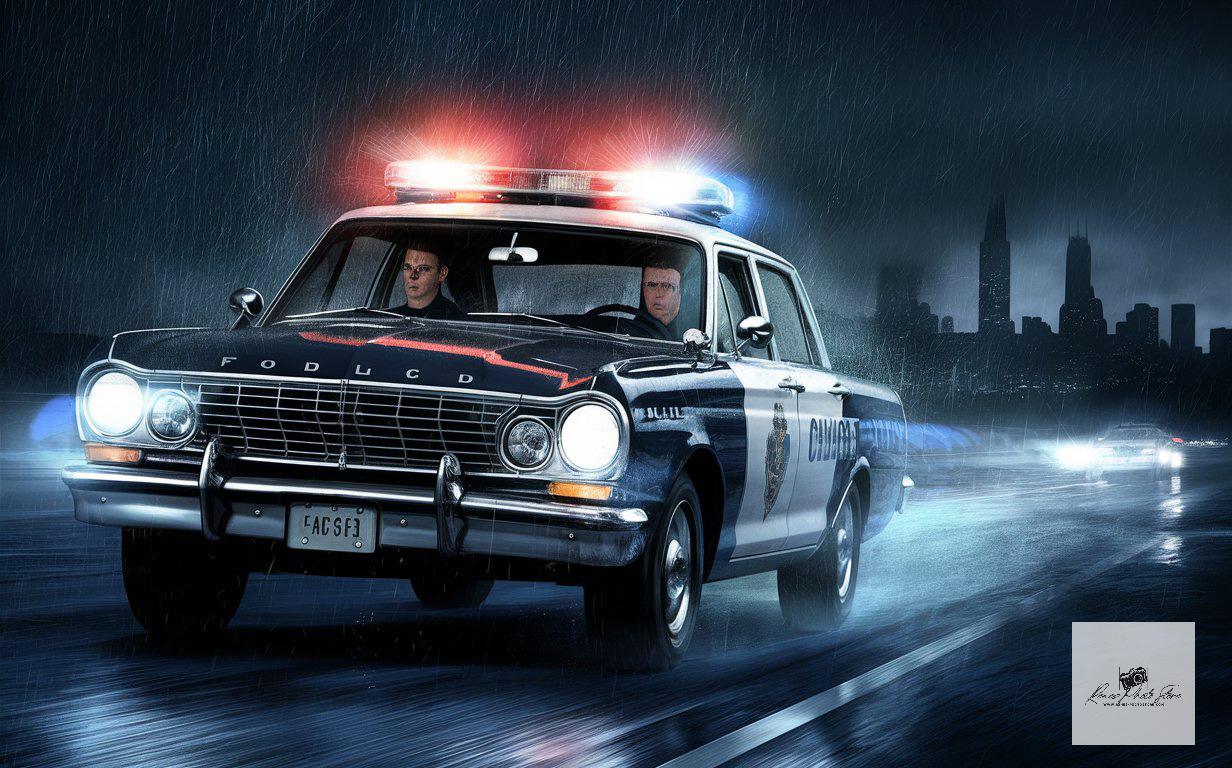 Chicago Police Car in Rainy City | Noir Crime Scene Photo Download