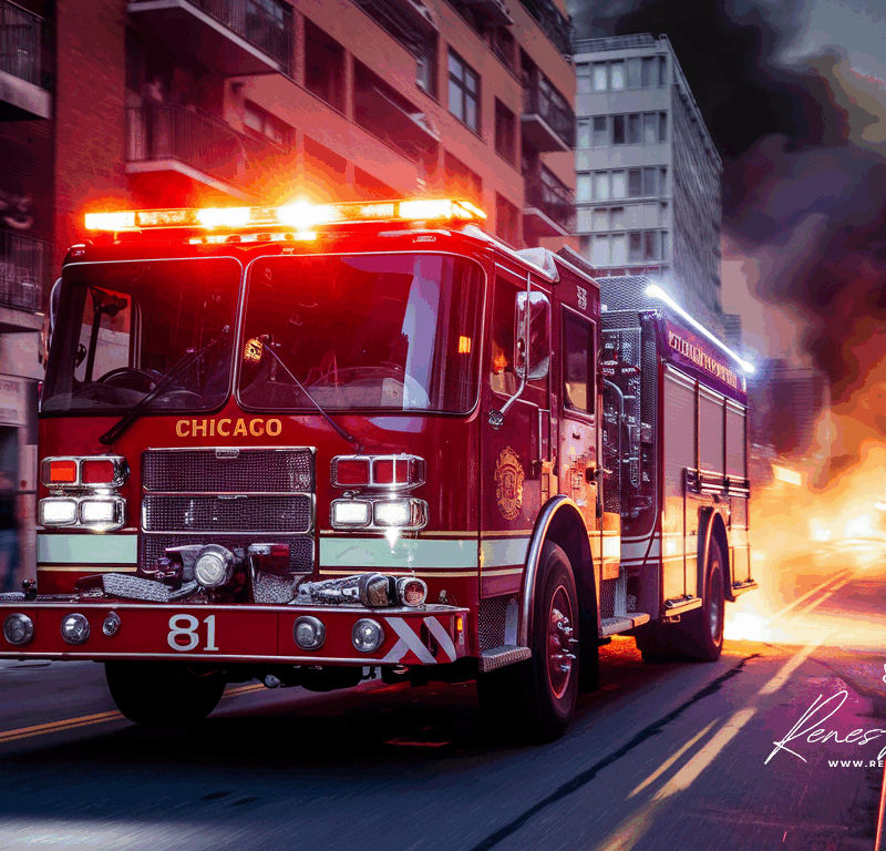 Chicago Fire Truck at Night | Urban Rescue Action Photo Download