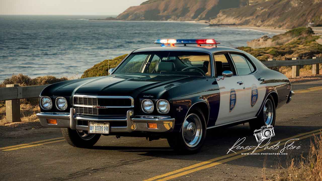 Classic Police Car on Pacific Coast | Vintage California Cruiser Photo Download