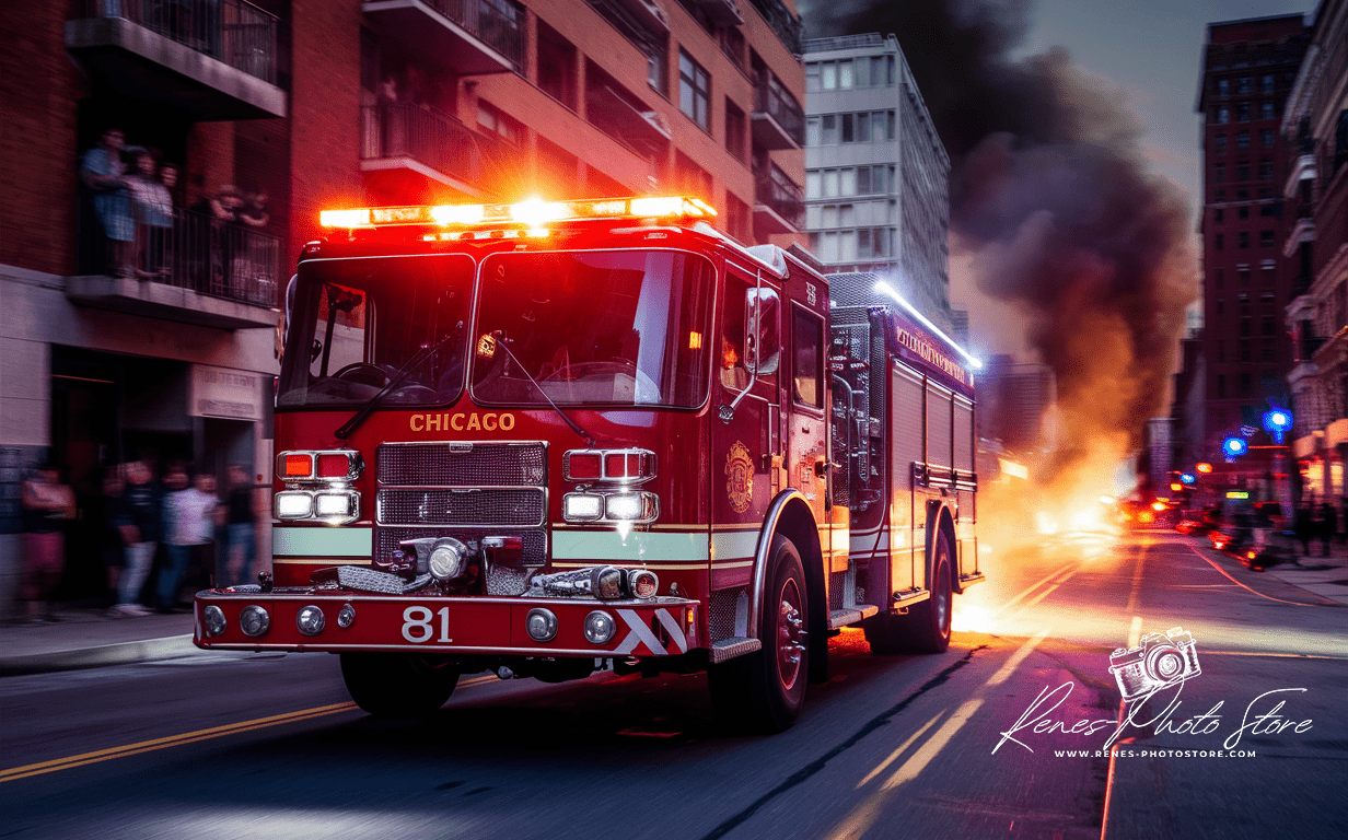 Chicago Fire Truck at Night | Urban Rescue Action Photo Download