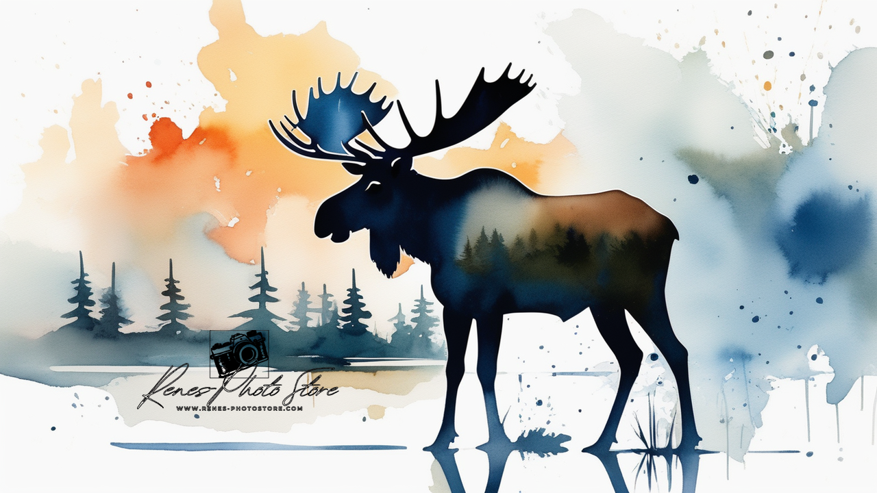 Moose in Forest Watercolor | Scandinavian Nature Art Photo Download