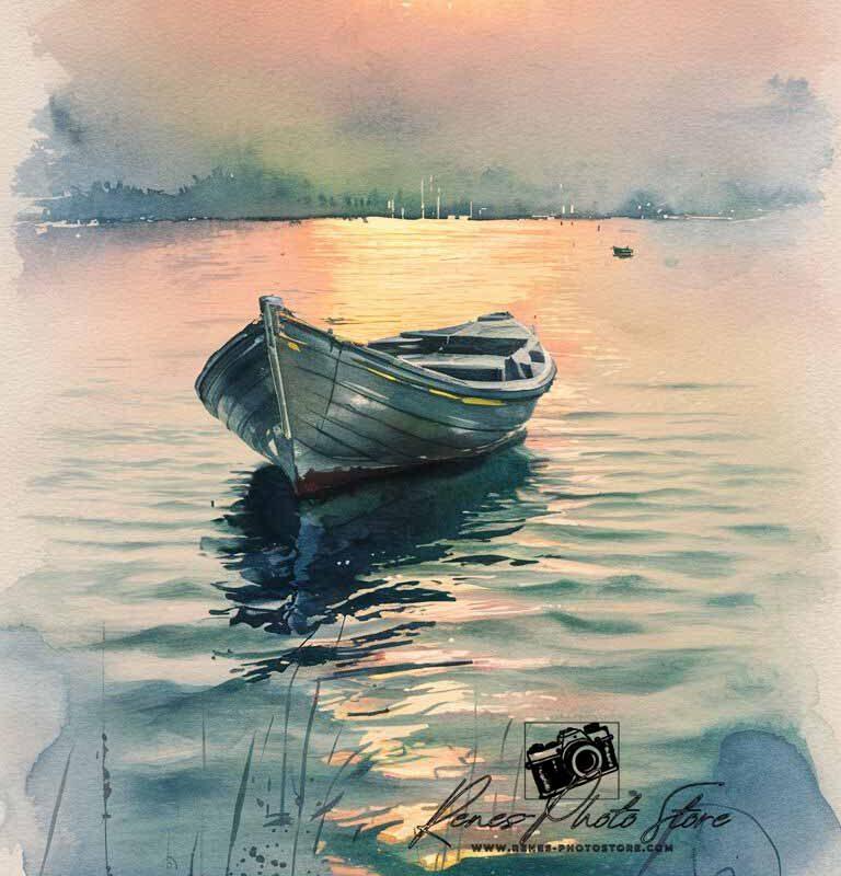 Serene Rowboat at Sunset | Watercolor Lake Landscape Photo Download