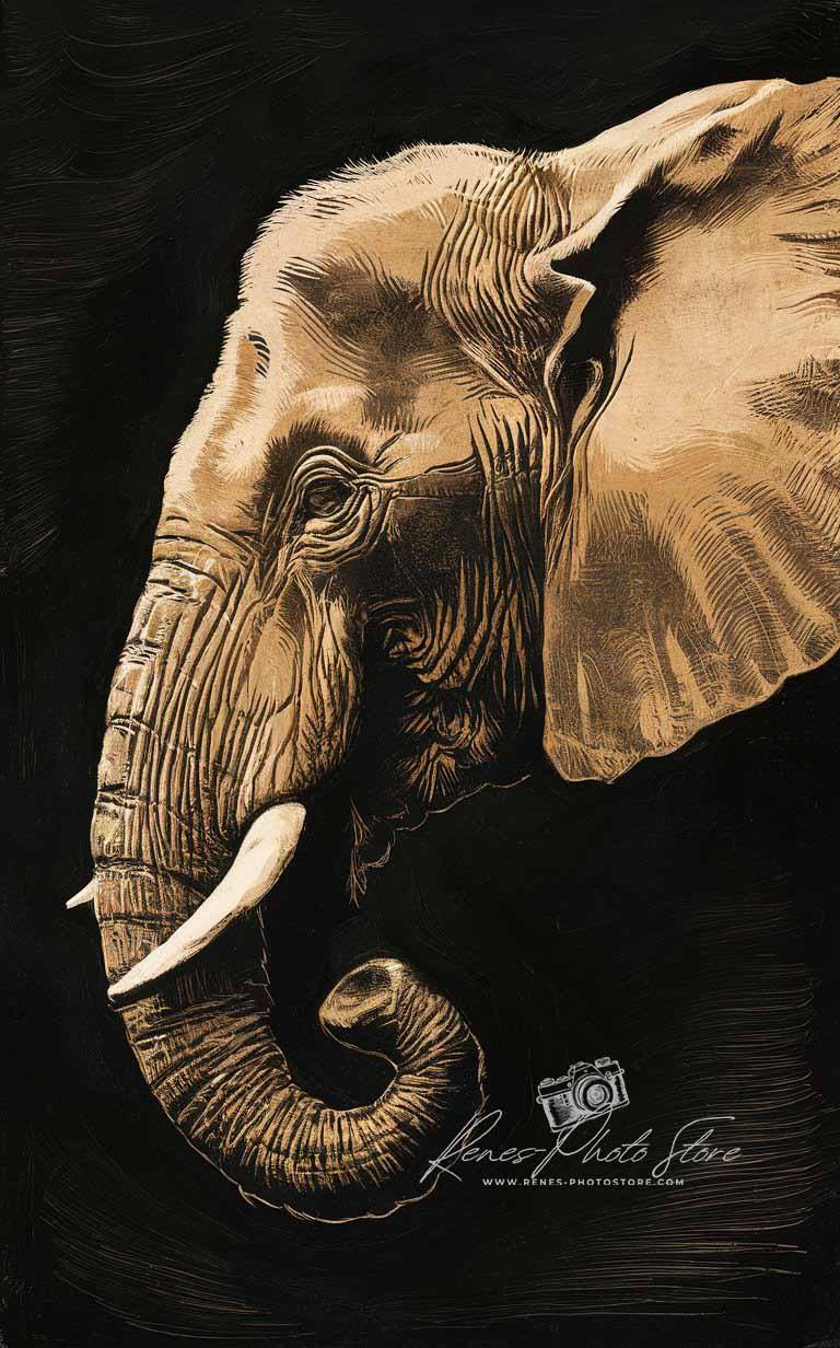 Elephant Profile in Savanna | Animal Linocut Art Photo Download