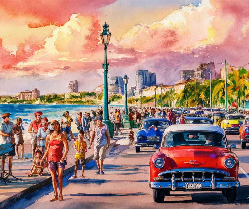 Havana’s Malecón at Sunset | Cuban Culture Watercolor Photo Download