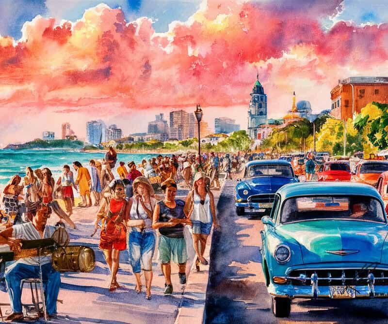 Havana’s Malecón Morning | Cuban Street Life Watercolor Photo Download