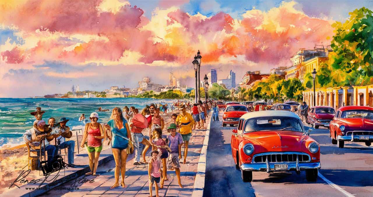 Havana’s Malecón Afternoon | Cuban Family Stroll Watercolor Photo Download