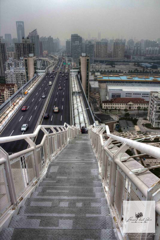 Lupu Bridge and Shanghai Skyline from Stairway Viewpoint | Urban Cityscape Photo Download