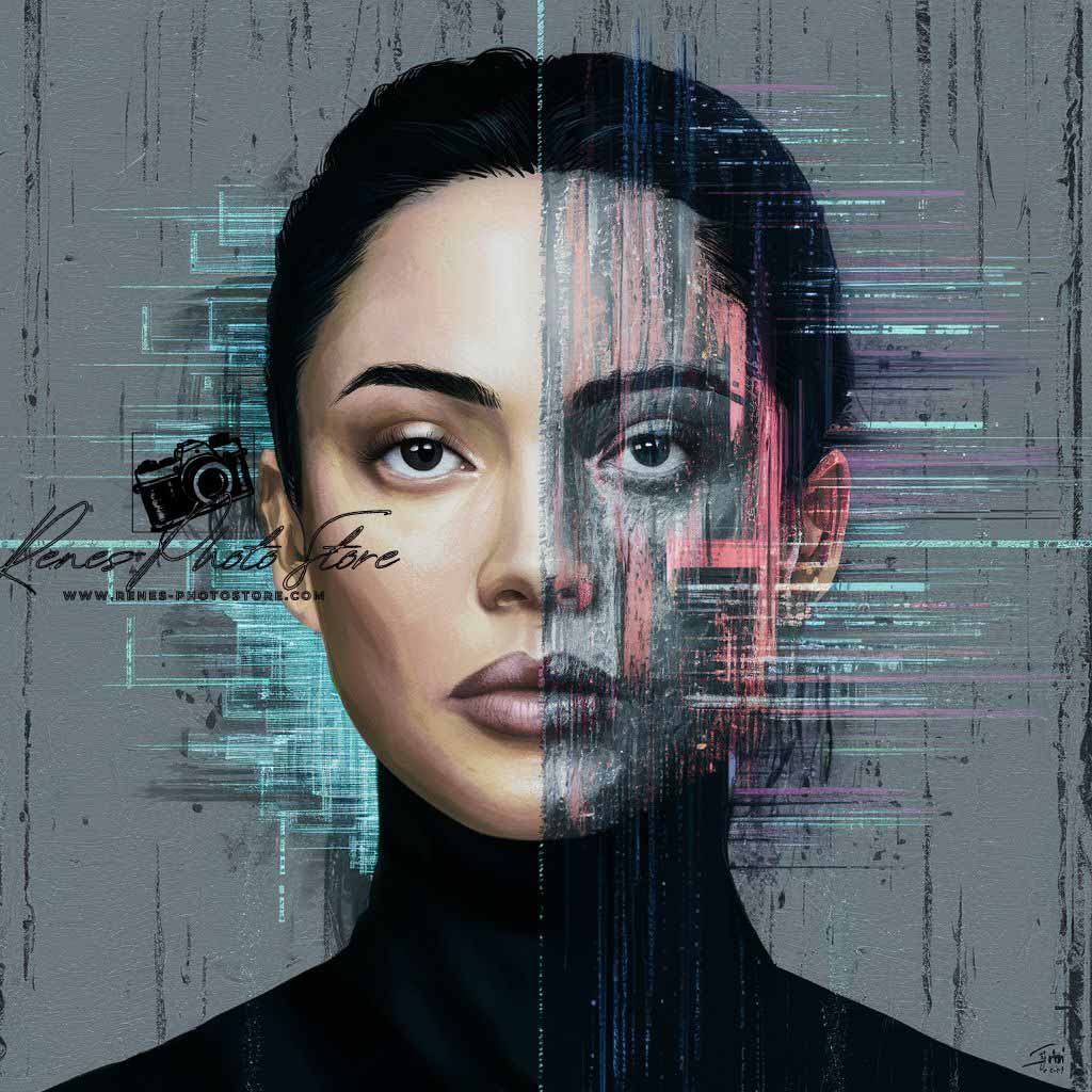 Dual Reality Woman Portrait | Cyberpunk Glitch Art Photo Download