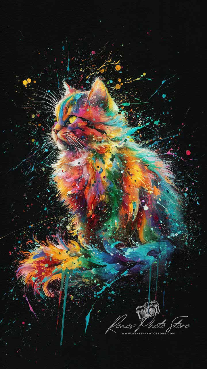 Rainbow Cat on Black | Abstract Animal Art Photo Download