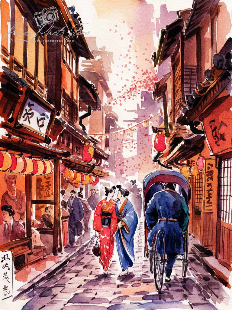 Kyoto Street Life in 1800s | Japanese Watercolor Scene Photo Download