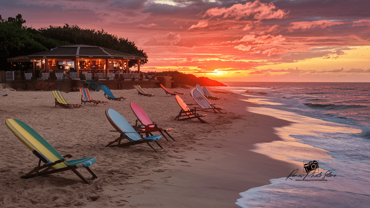 Tropical Beach Sunset with Surf Chairs | Vibrant Coastal Photo Download