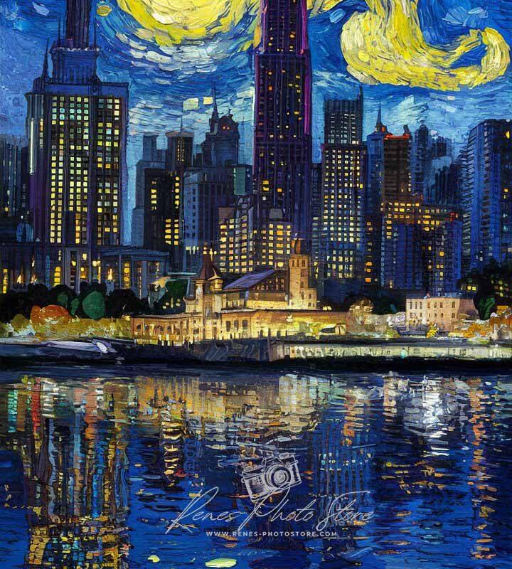 Chicago River Skyline at Night | Van Gogh Style Cityscape Photo Download
