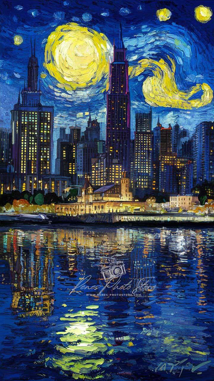 Chicago River Skyline at Night | Van Gogh Style Cityscape Photo Download