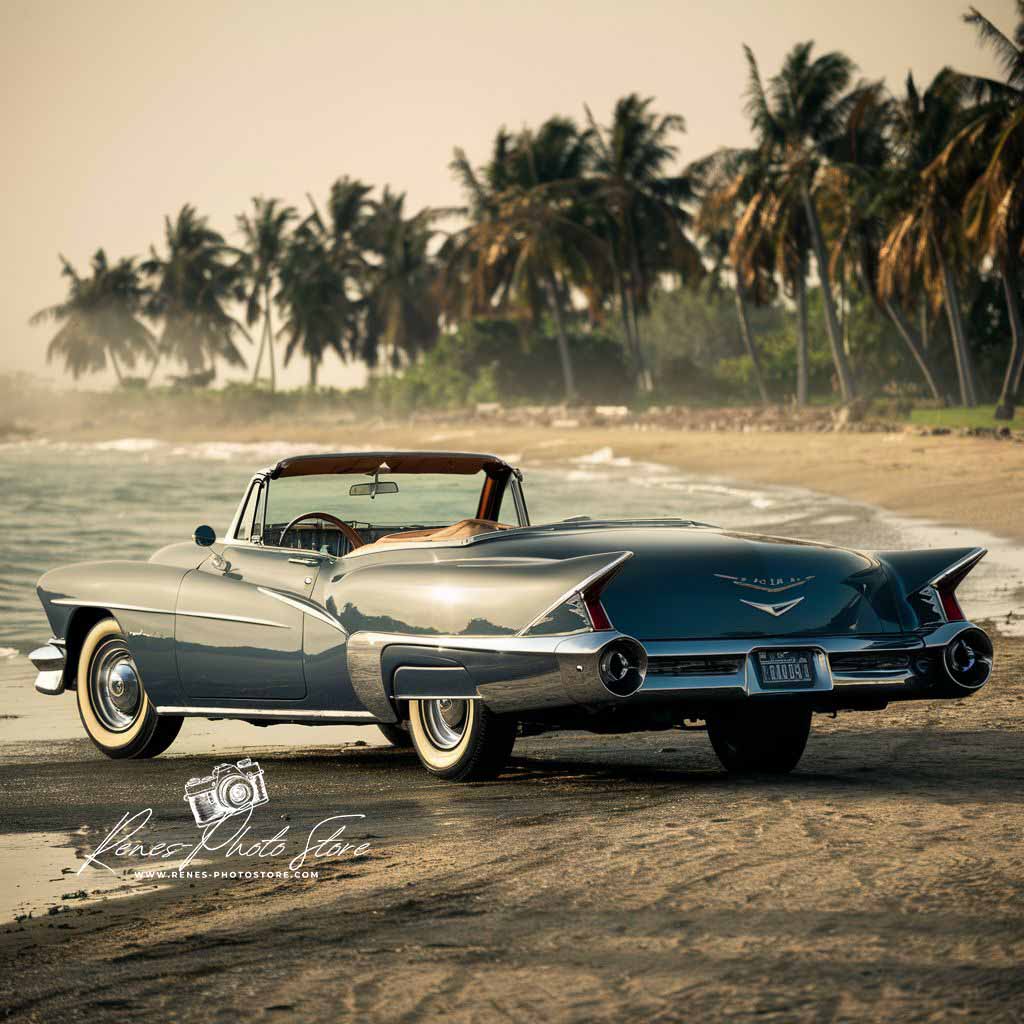 Classic Cadillac Convertible on Tropical Beach | Vintage Car Photo Download
