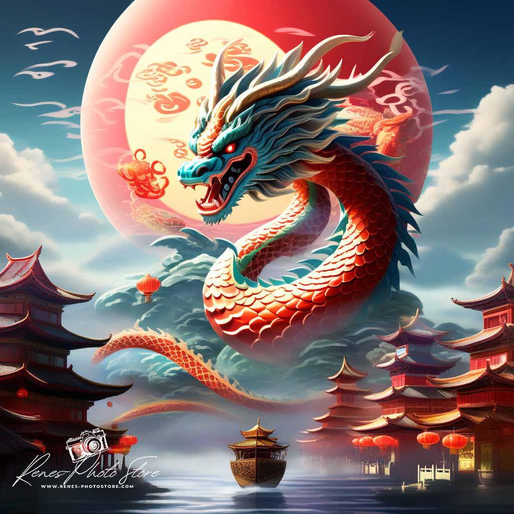 Celestial Dragon Over Pagodas | Vibrant Oriental Fantasy Art Photo Download