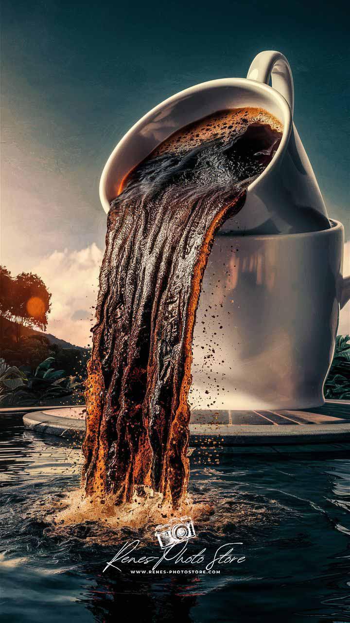 Surreal Coffee Waterfall | Giant Cup Pouring Into Lake Art Photo Download