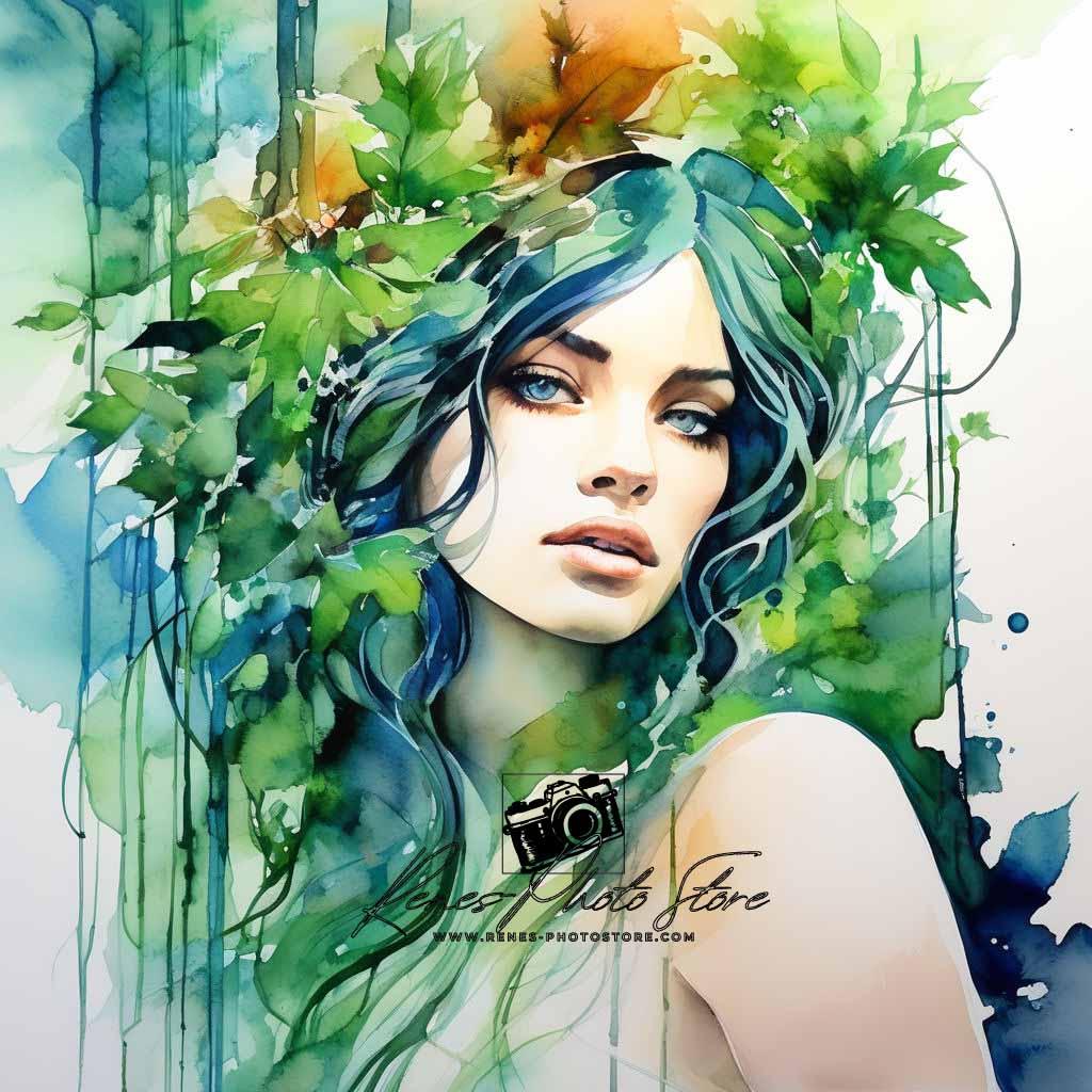 Nature Muse Watercolor Portrait | Botanical Woman Art Photo Download