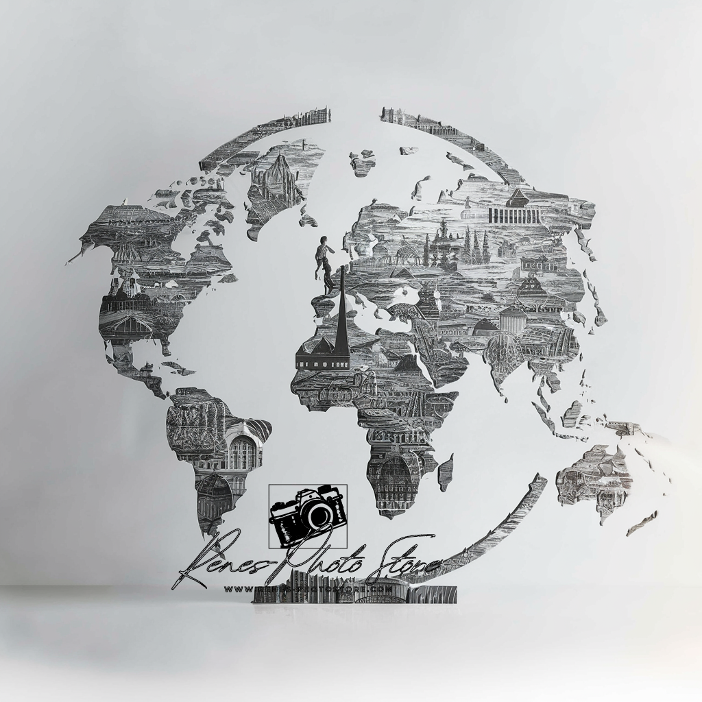World Landmarks Map Art | Monochrome Travel Wall Photo Download
