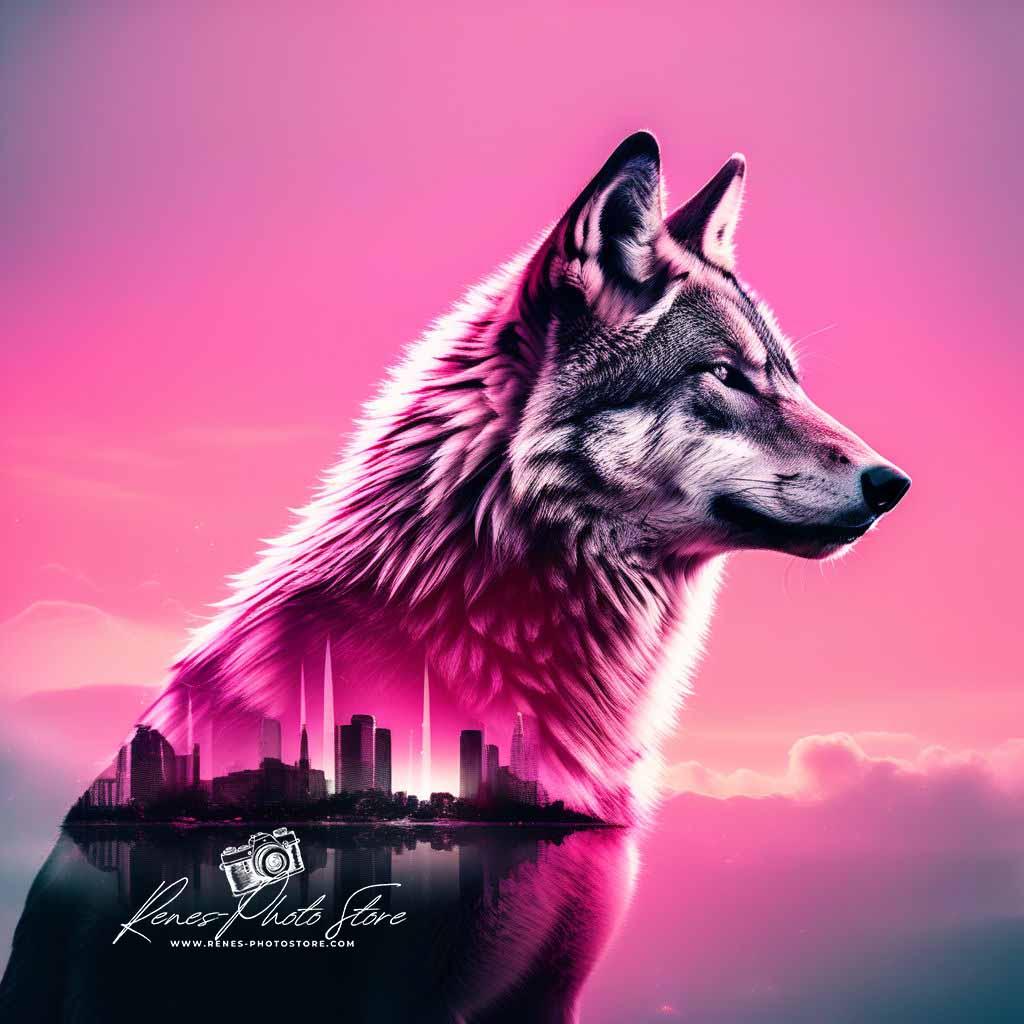 Neon Wolf Cityscape | Futuristic Pink Animal Art Photo Download