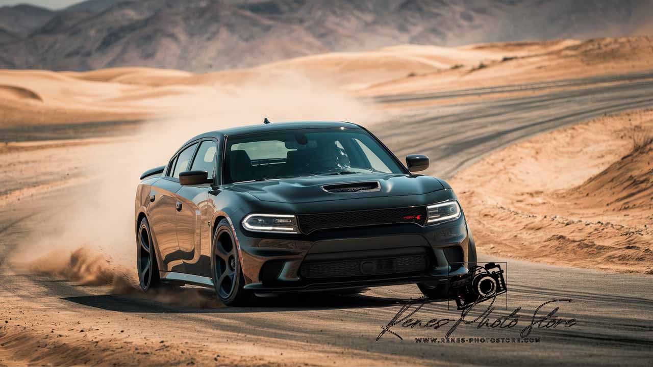 Black Dodge Charger Drift | Desert Muscle Car Action Photo Download