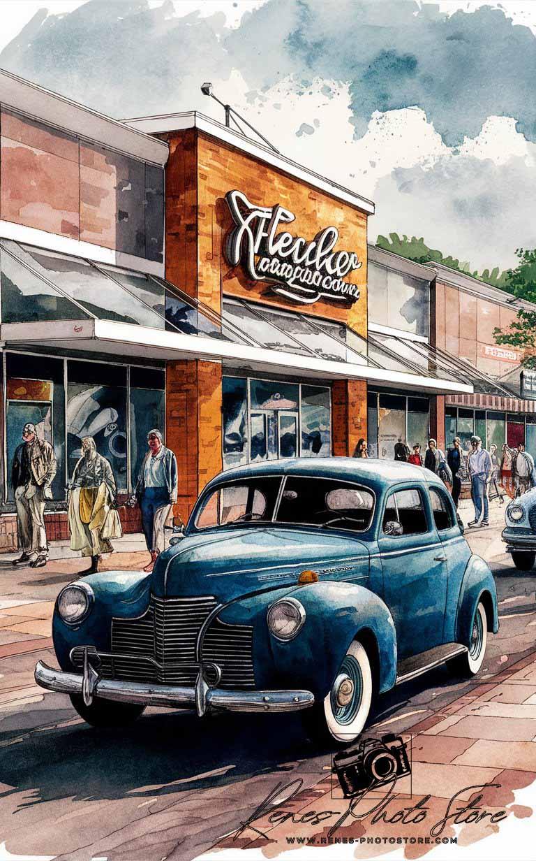 Vintage Main Street Car Scene | Retro Watercolor Town Art Photo Download