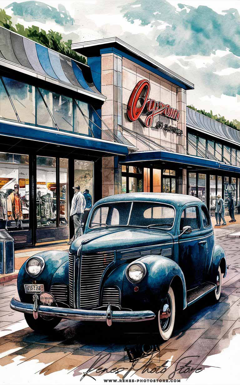 Vintage Blue Car Street Scene | Retro Watercolor Shopping District Art Photo Download
